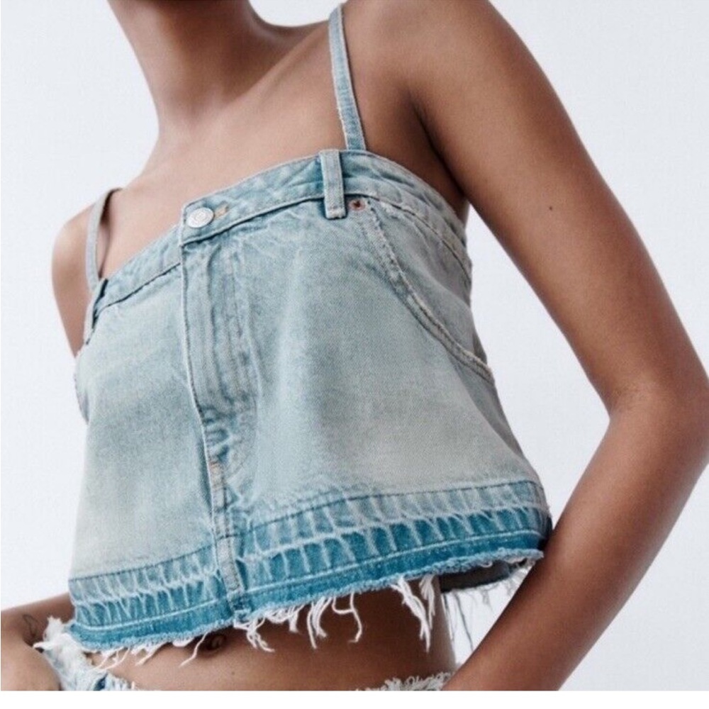 Zara denim reconstructed spaghetti strap top